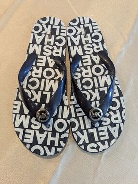 Michael Kors Navy Blue & White Glossy Logo Strap Sandals Women's 8M